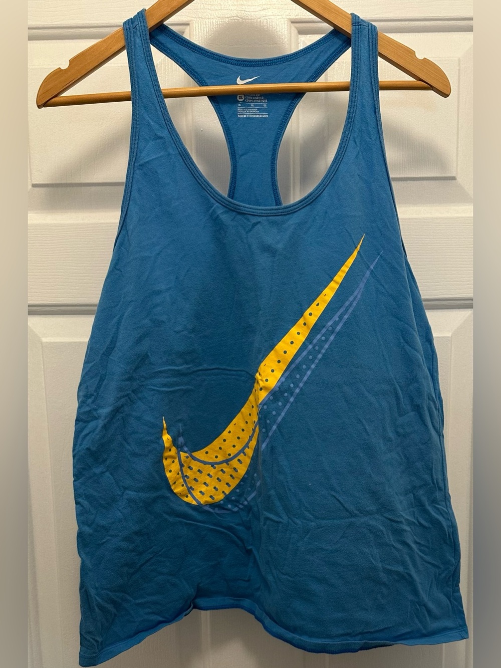 Nike Women's Blue Racerback Tank with Yellow Swoosh Size XL